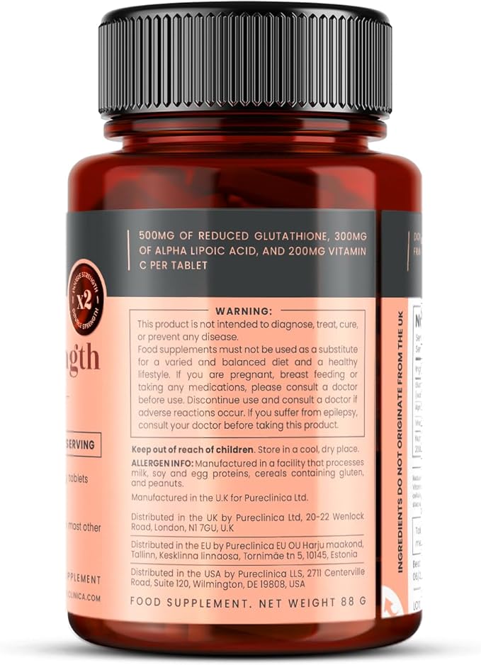 pureclinica Glutathione 1000mg – 120 Tablets (2 x 60) | High Strength with 500mg Glutathione 300mg ALA 200mg Vitamin C | Antioxidant &amp Detox Support 1-a-Day
