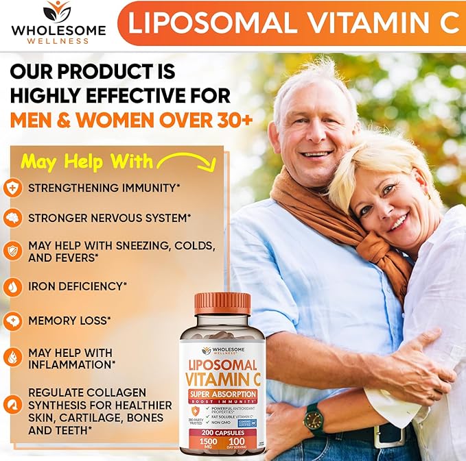 Wholesome Wellness Liposomal Vitamin C Capsules (200 Pills 1500mg Buffered) High Absorption Immune System &amp Collagen Booster High Dose Fat Soluble Immunity Support Ascorbic Acid Natural Vegan