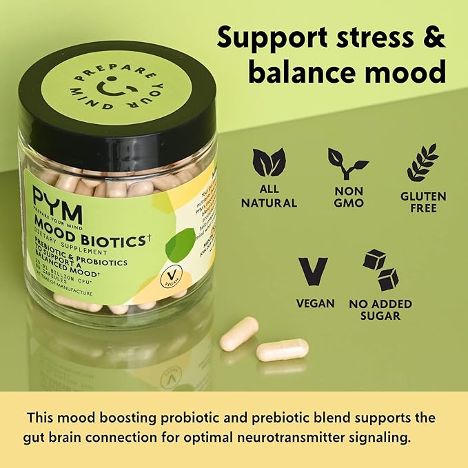 Prebiotics and Probiotics Mood Biotics by PYM with 22.91 Billion CFU (60 Count) Gut Health &amp Mood Support Supplement | Non-GMO Vegan Gluten Free