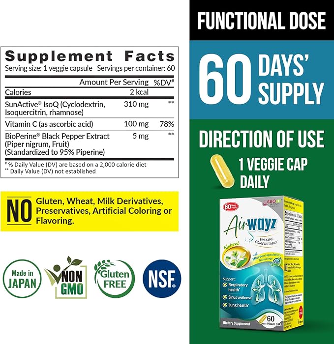 LABO Nutrition AirWayz Quercetin Vitamin C Black Pepper Extract Supplement| 60 Veggie Capsules