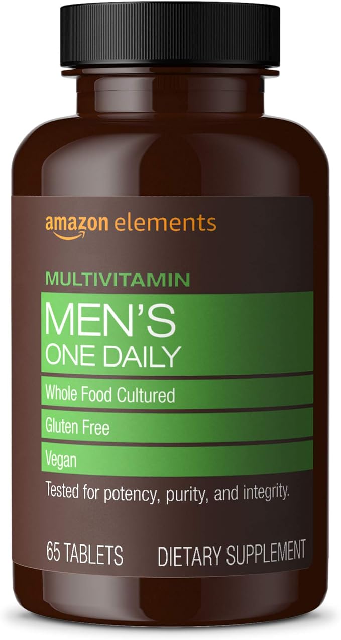 Amazon Elements Men's One Daily Multivitamin 62% Whole Food Cultured Vegan 21 Vitamins and Minerals 65 Tablets 2 Month Supply (Packaging may vary)