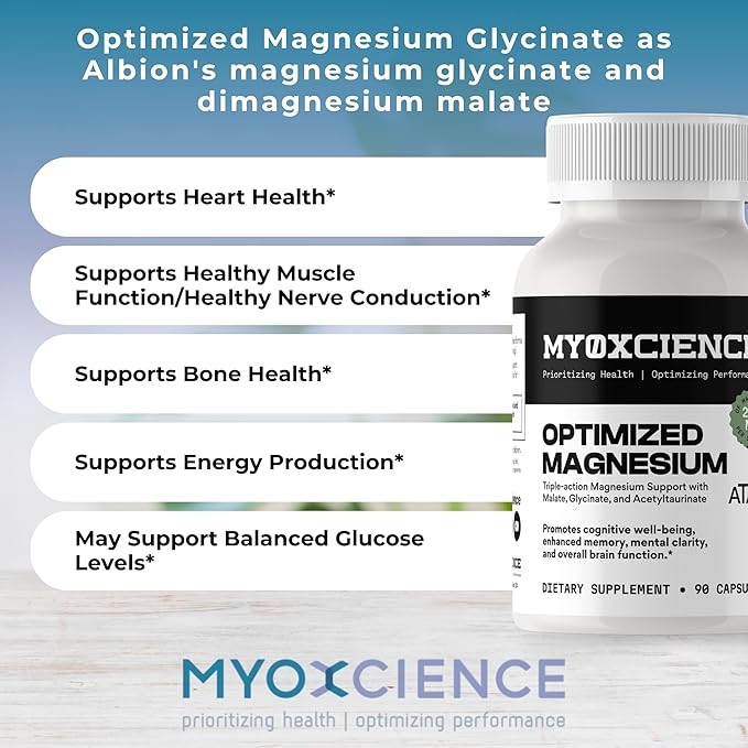 MYOXCIENCE Optimized Magnesium Glycinate + Magnesium Taurate (as ATAmag®) for High Brain Bioavailability to Support Stress Relief and Sleep | 30 Servings