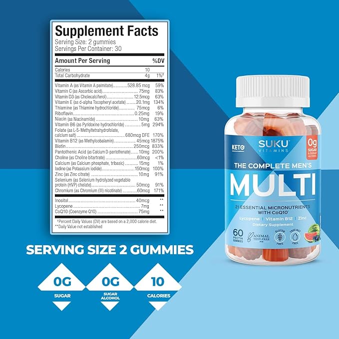 SUKU Men's Daily Multivitamin Gummies – Vitamins A B12 C D3 E Zinc CoQ10 &amp Lycopene – Prostate Heart &amp Immune Support – Sugar-Free Vegan Mixed Fruit Fusion – 60 Count