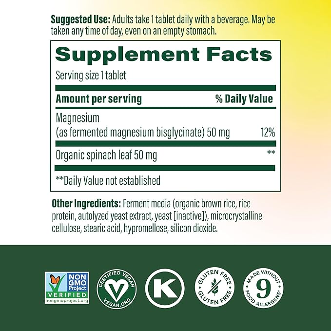 Megafood Magnesium Supplement with Fermented Magnesium Glycinate - Chelated - Supports Heart &amp Nervous System - Vegan Gluten-Free Non-GMO Kosher - Made Without 9 Food Allergens - 90 Tablets