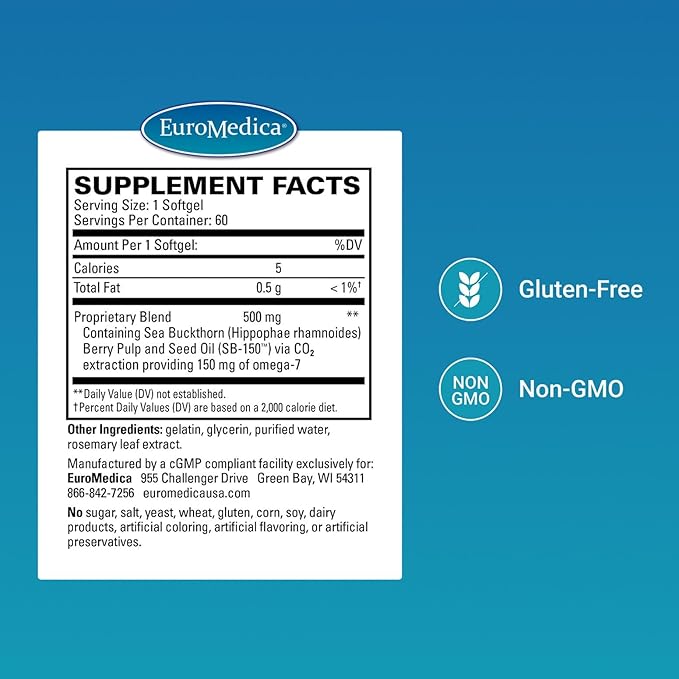 EuroMedica ProHydra-7 - Dietary Supplement with Essential Fatty Acids - Nutritional Supplement to Support Skin Health with Sea Buckthorn Berry Pulp &amp Seed Oil - 60 Softgels