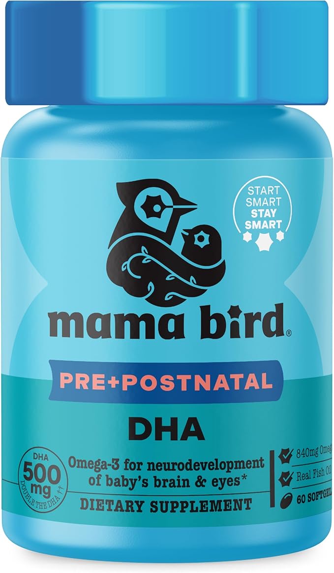 Best Nest Wellness Mama Bird - Pre+Postnatal DHA (30 Servings) Omega 3 Fish Oil 500mg DHA - Lemon-Infused Softgels - Mom &amp Baby Brain Health - Post+Prenatal Vitamins for Women - Gluten Free Non G