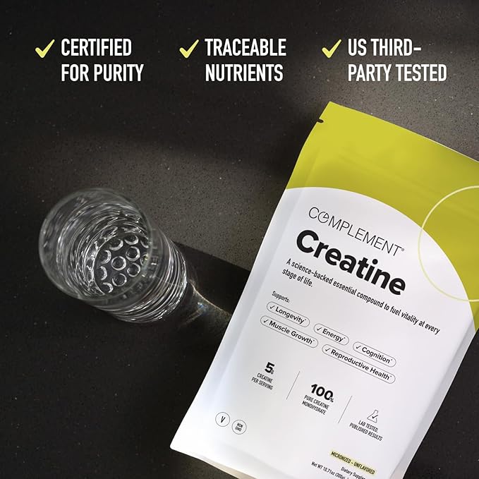 Complement Creatine Monohydrate Micronized Powder - Pre-Workout Post-Workout Muscle Recovery Brain Health Longevity Energy Supplements for Women and Men - Vegan Unflavored (5g 60 Servings)