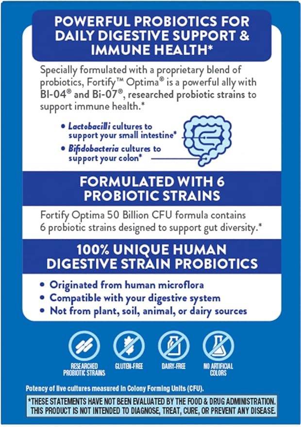 Nature's Way Fortify Optima Probiotic for Men and Women 50 Billion Live Cultures 6 Strains Supports Digestive and Immune Health* 30 Capsules (Packaging May Vary)