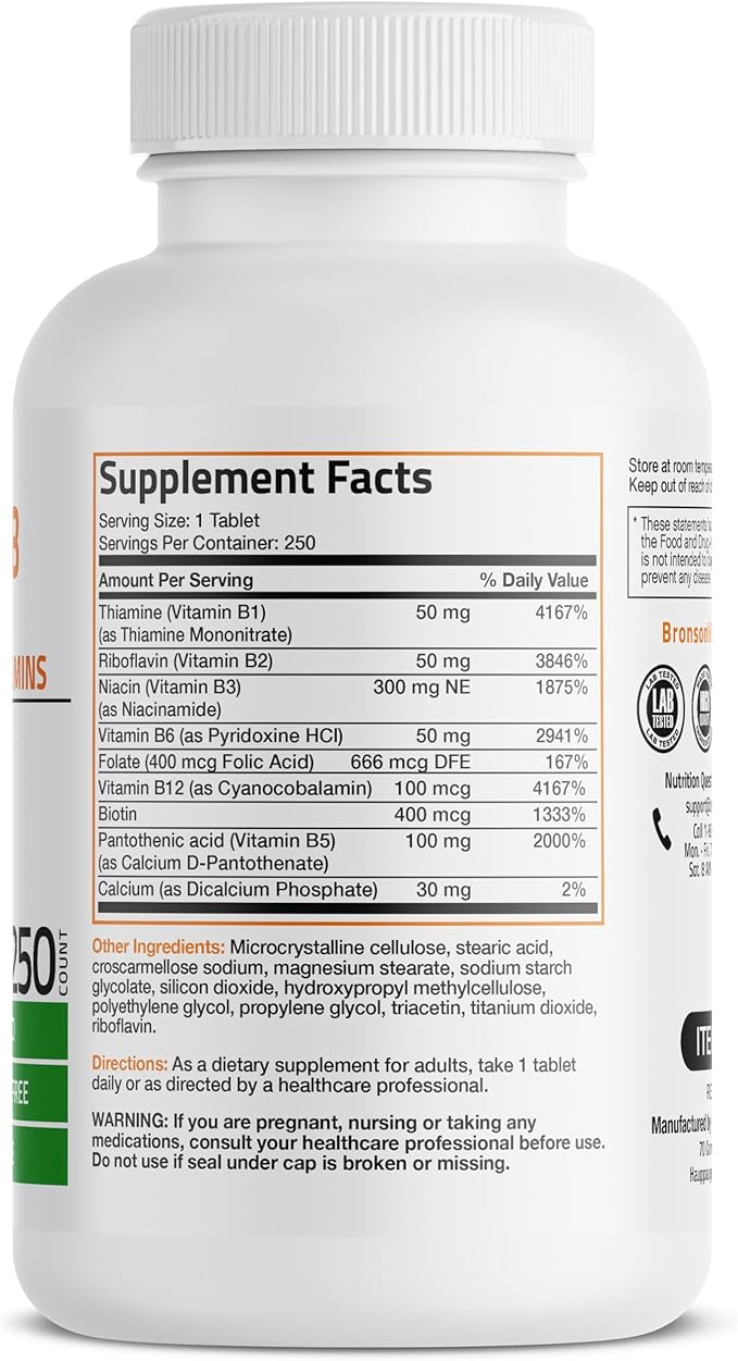 Bronson Vitamin B Complex (Vitamin B1 B2 B3 B6 B9 - Folic Acid B12) 250 Tablets