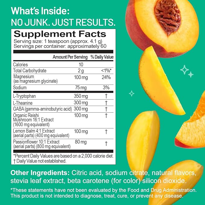Third Nature Calming Drink Powder Jar with Magnesium Glycinate GABA L-Theanine &amp Reishi Mushroom - Adaptogenic Sugar Free Blend - Third Party Tested Non-GMO - Peach Mango Flavor - 60 Servings