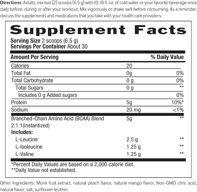 Biochem BCAA Powder Peach Mango 5g – 30 Servings | Vegan Gluten Free Keto Instantized 2:1:1 BCAA Supplement for Muscle Recovery Protein Synthesis &amp Hydration | Electrolyte Amino Acid Powder