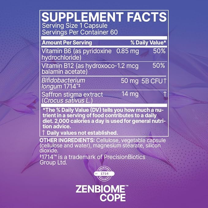 Microbiome Labs Zenbiome COPE - Probiotic Mood Support Supplement with Vitamin B6 B12 &amp Saffron Extract - Gut Health Probiotics for Women &amp Men - Support The Gut-Brain Axis (60 Capsules)