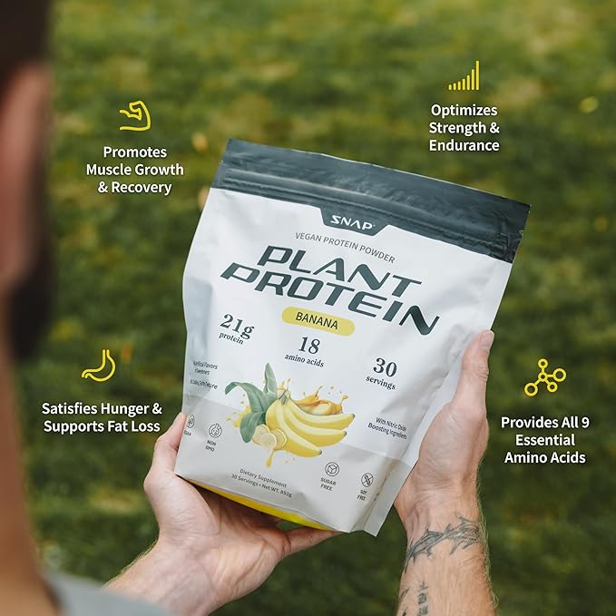 Snap Supplements Organic Plant Based Vegan Protein Powder Nitric Oxide Boosting Protein Powder BCAA Amino Acid for Muscle Growth Performance &amp Recovery - 30 Servings (Banana)