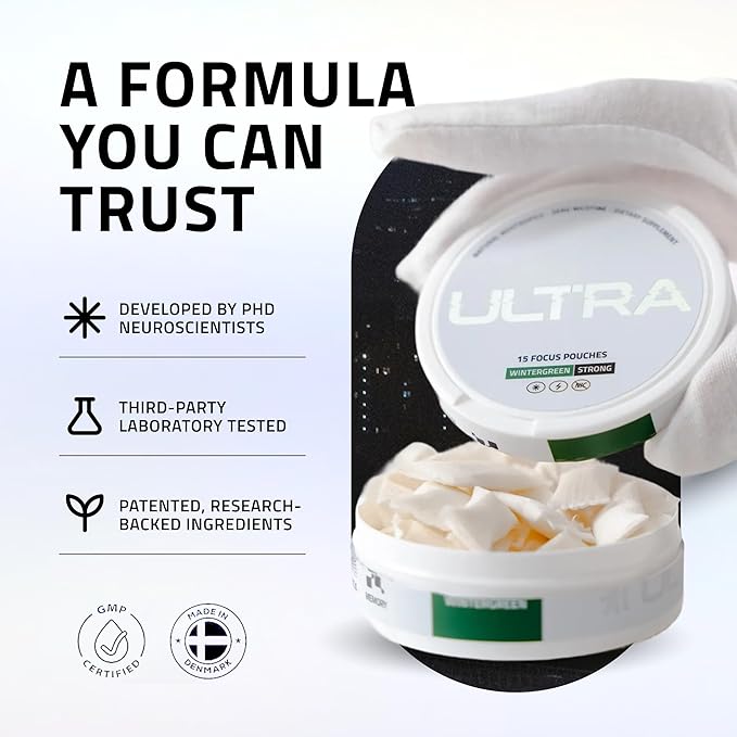 Ultra Focus Nootropic Pouches (Wintergreen 3 Cans) Nicotine-Free Caffeine-Free Enfinity Paraxanthine Vitamin B6 + B12 L-Theanine Alpha-GPC Ginseng Plant-Based Energy Pouches