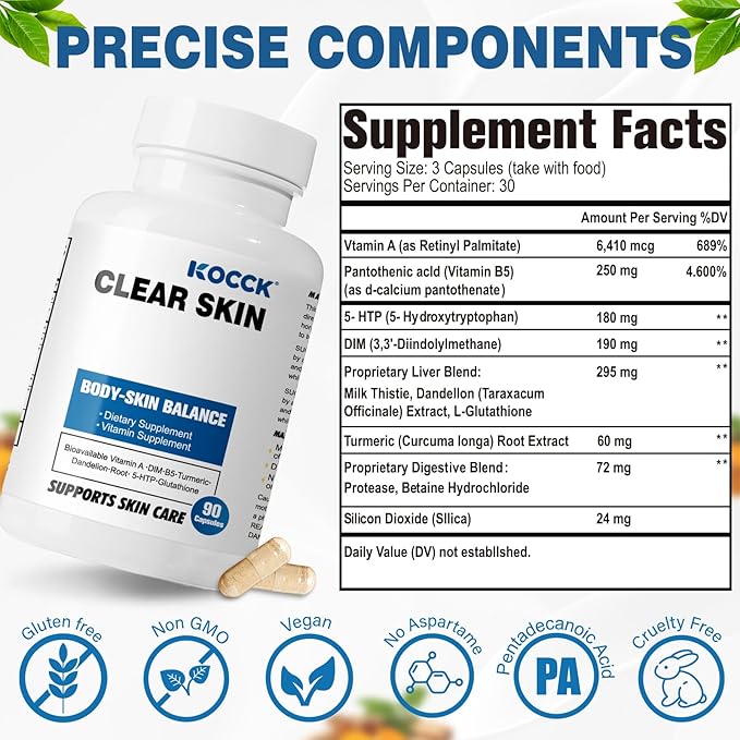 Hormonal Acne Supplement 5-HTP Skin Care Vitamins Natural Supplement Cruelty Free - 30 Servings 90 Capsules. (Strawberry)