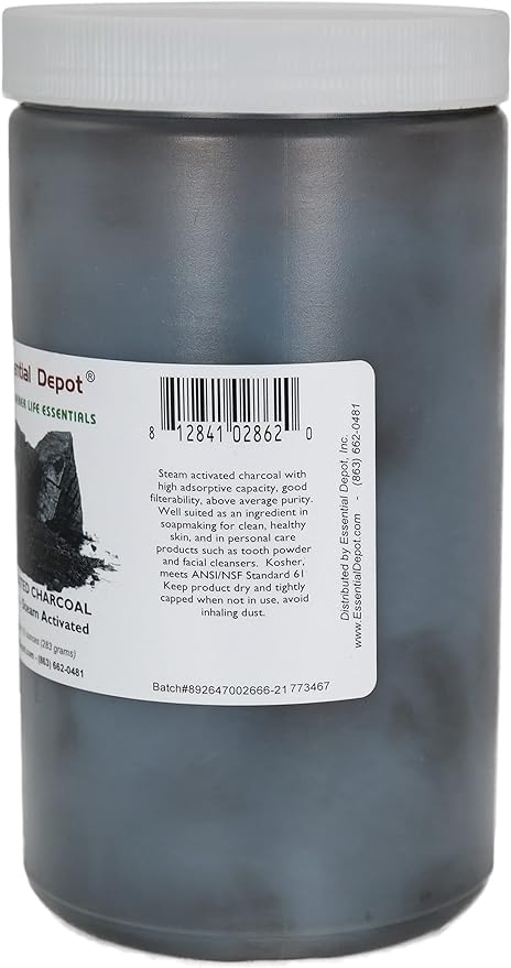 Essential Depot Activated Charcoal Powder - 10 oz - Safety Sealed HDPE Container with Resealable Cap