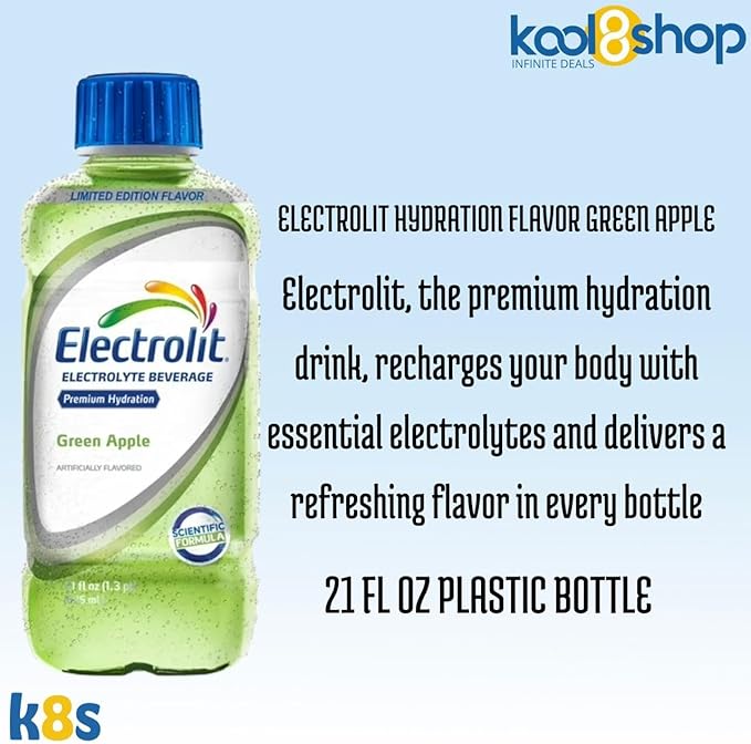 Electrolit Green Apple Hydration Drink With Electrolytes 21 fl oz Plastic Bottles 9 Pack + 1 Microfiber Cooling Towel by KOOL8SHOP Infinite Deals