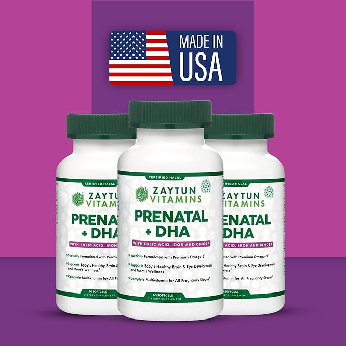 Halal Prenatal Vitamins + DHA Folic Acid Iron Ginger for Soothing One Daily for All Pregnancy Stages Gluten Free Non-GMO 60 Softgels 2 Months Supply USA Made Halal Vitamins