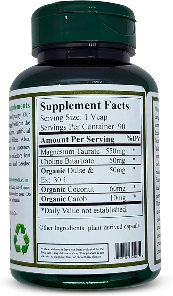 Magnesium Taurate High Absorbable 90 Non-GMO Vegan &amp Gluten Free Made with Organic Wild-Crafted and Natural Ingredients (Single)