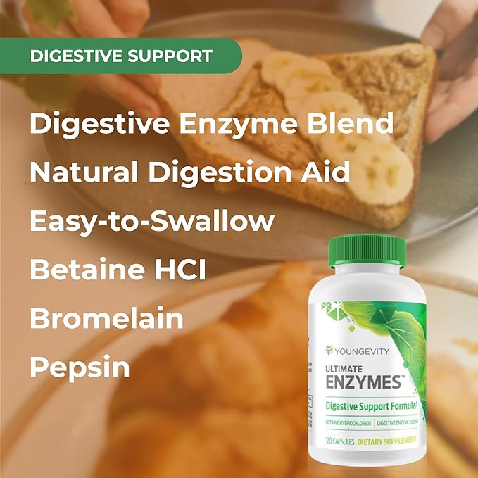 Youngevity Ultimate Enzymes® - Multi Enzymes for Digestion Gas &amp Bloating Relief - Betaine HCl Ox Bile Pancreatine 10X Papain 6M Pepsin 1:3000 (120 Capsules)