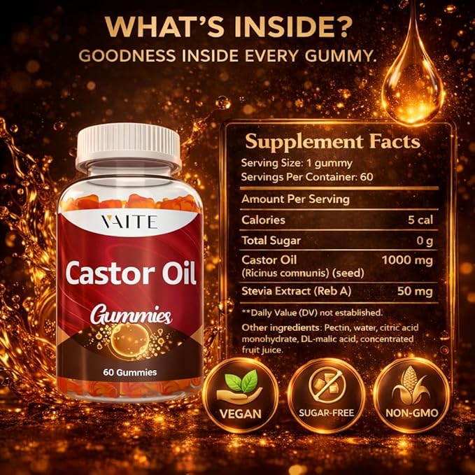 Castor Oil Gummies 1000mg - Natural Digestive Supports Skin Nails &amp Thicker Hair Growth Ricinus Communis Seed Extract Plant-Based Vegan Non-GMO Gluten-Free No Artificial Flavors 60 Chewab