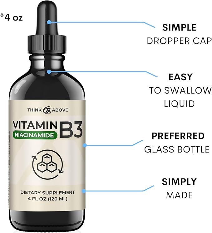 Liquid Vitamin B3 (as Niacinamide) Supplement - Non Flush Form of Niacin - Fast Absorption -Convenient Niacin Drops for Women and Men - 4 oz (120ml )