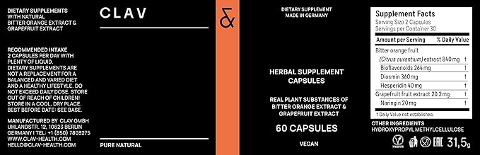 CLAV Citrus Bioflavonoids - Vegan Flavonoids Supplements Made from Bitter Orange and Grapefruit Extract - Antioxidant &amp Immune Support - 60 Capsules - Made in Germany