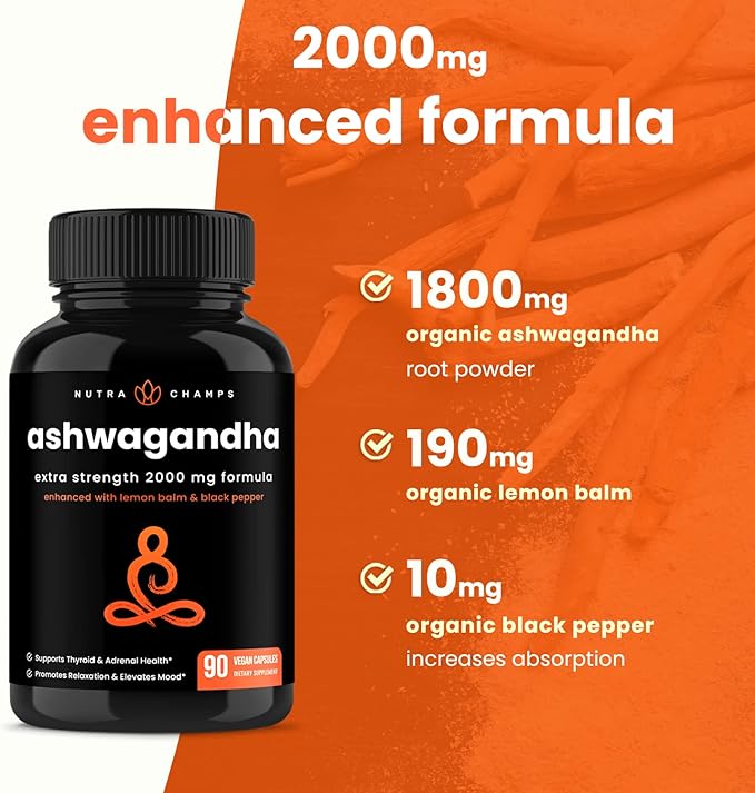 NutraChamps Organic Ashwagandha Capsules 2000mg Adrenal Fatigue Thyroid &amp Mood Support Ashwagandha Supplements Ashwagandha Root Powder &amp Lemon Balm Superior Absorption with Black Pepper