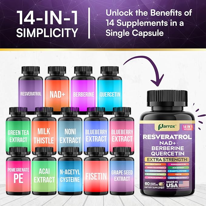 Resveratrol Supplement with Milk Thistle NAD Berberine Quercetin Fisetin Pomegranate Green Tea Noni Acai Blueberry Grape Seed Extracts N-Acetyl Cysteine 14-in-1 Extra Strength (60 Caps)