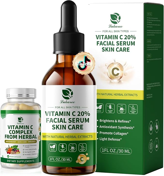 Vitamin C Serum for Face 20% Brightening Face Serum with Sodium Hyaluronate for Dark Spots &amp Fine Lines – Support Collagen &amp Skin Radiance Plus Vit C Caps for Inside-Out Support 1 Fl Oz + 6
