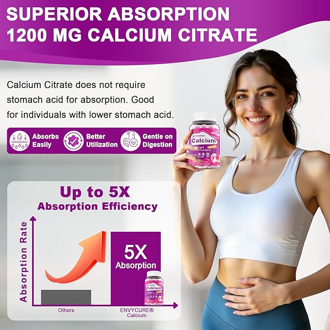 Calcium Citrate 1200mg Gummies Vitamin D3 K2 Omega-3 Magnesium Zinc Boron Manganese Copper 600mg Calcium Supplements for Women &amp Men Bone Strength Immune Support - Vegan Sugar Free 60 C