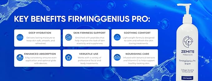 Zemits FirmingGenius Pro | Conductive Gel with Peptides Hyaluronic Acid &amp Vitamin E | Hydrating Non-Greasy | For Facial &amp Body Beauty Devices (32 fl oz)