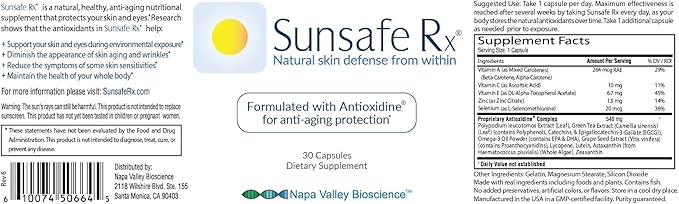 Sunsafe Rx Anti Aging Supplement: Natural Skin Protection Pills with Antioxidants for a Youthful Appearance &amp Eye Health + Vitamins Minerals &amp 250mg Polypodium Leucotomos (30 Capsules)