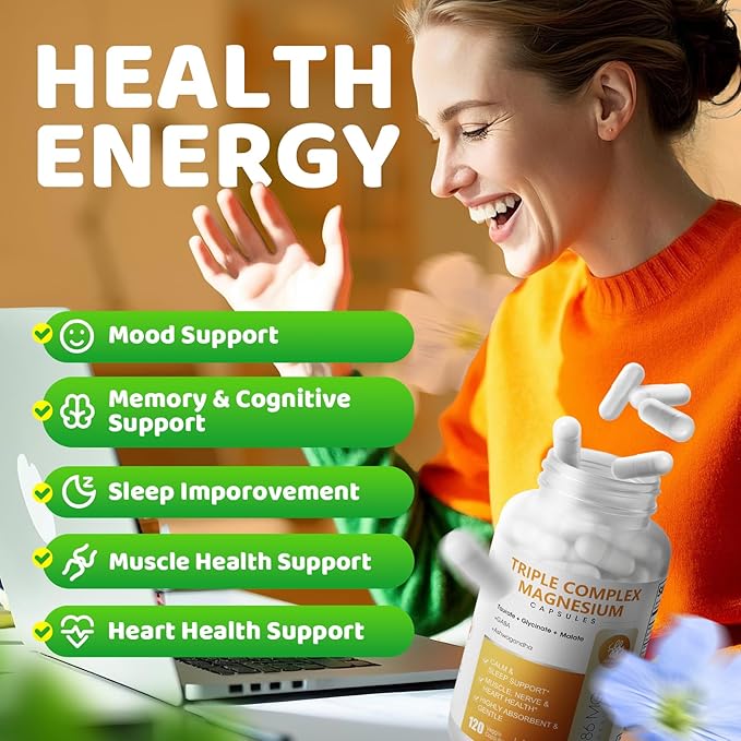 Triple Magnesium Complex - Magnesium Glycinate Taurate &amp Malate Supplement with Omega3 Ashwagandha GABA for Sleep Brain Heart &amp Muscle Support - High Absorption and Gentle Vegan 120 Caps