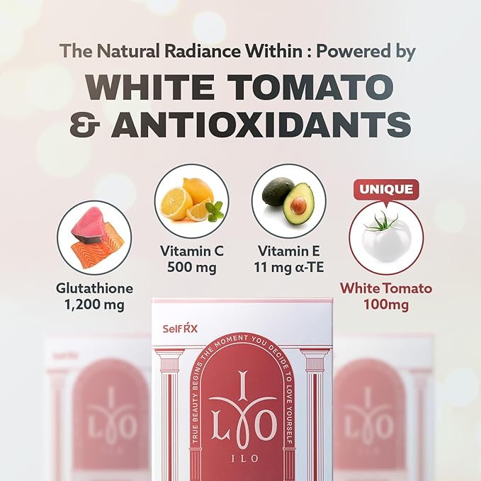 ILO Whitathione – Glutathione + White Tomato Antioxidant Powder with Vitamin C &amp E | Daily Glow Support | 30 Convenient Stick Packs