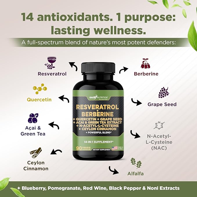 Gade Nutrition Resveratrol Berberine Quercetin Grape Seed Extract Green Tea Extract N-Acetyl Cysteine - 14 in 1 Complex Supplement for Women &amp Men with Potent Antioxidants - Made in USA