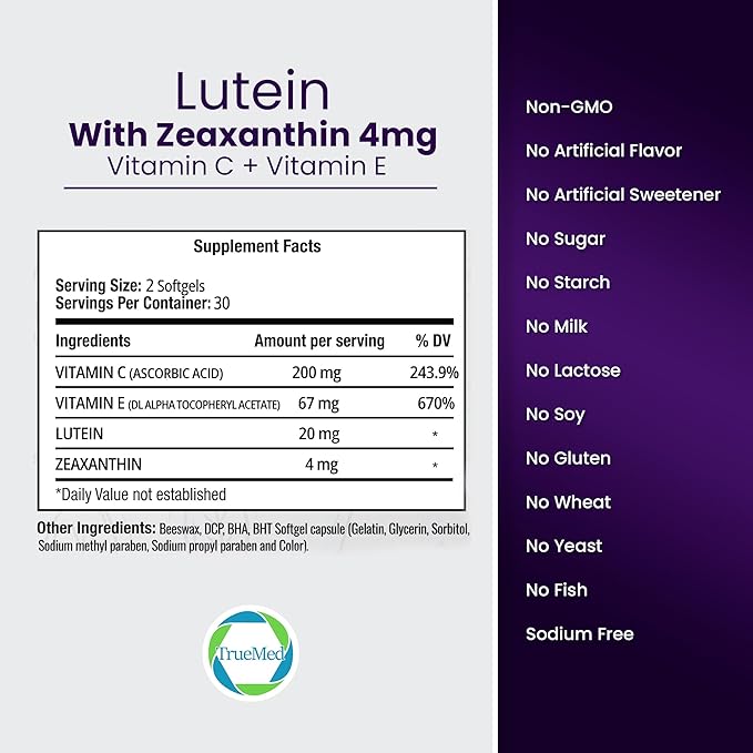 Lutein Vitamin C + Vitamin E – 20mg Lutein with 4mg Zeaxanthin – Eye Health Support – Blue Light &amp UV Protection – Supports Macular &amp Retinal Function – 60 Softgels – USA Made – GMP Certified
