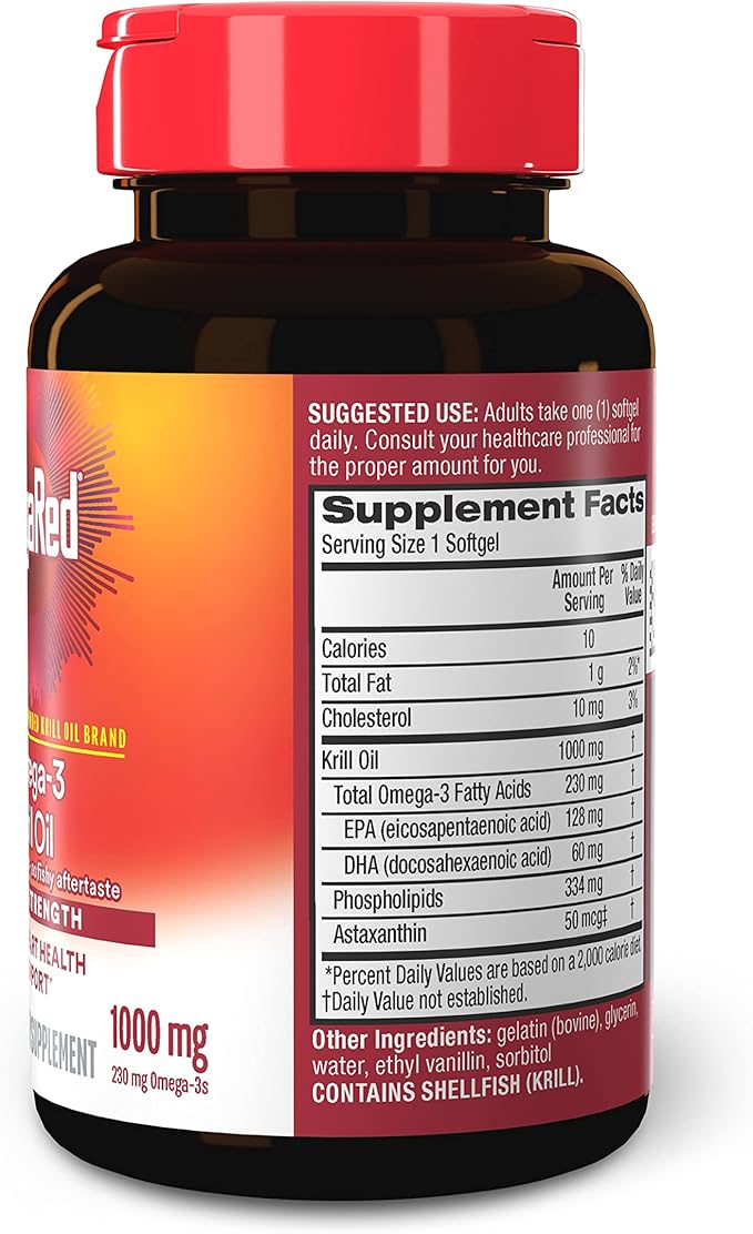 MegaRed Ultra Strength 1000mg Omega-3 Krill Oil Supplement with EPA/DHA Astaxanthin &amp Phospholipids No Fish Oil Aftertaste Supports Heart Brain Joint and Eye Health 60 Count Softgels.