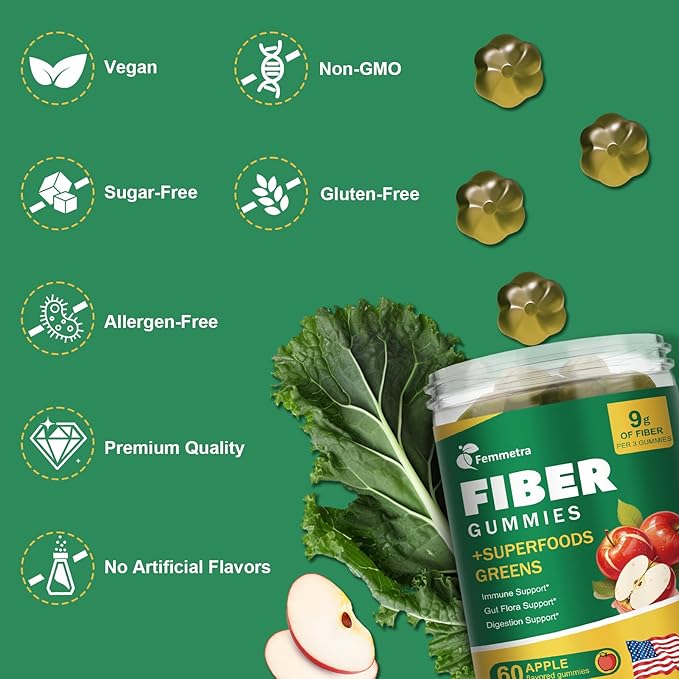 9G Fiber Gummies for Digestive Health &amp Regularity - No Sugar Added Apple Flavor - Prebiotic Fiber Supplement with Greens - Daily Gummies for Adults Women &amp Men - 60CT