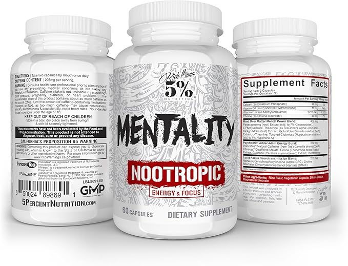 5% Nutrition Rich Piana Mentality Nootropic Blend | Brain Booster Supplement for Performance Memory Mental Clarity | Ginseng Ginkgo L-Theanine Choline Huperzine 60 Capsules (30 Day Supply)