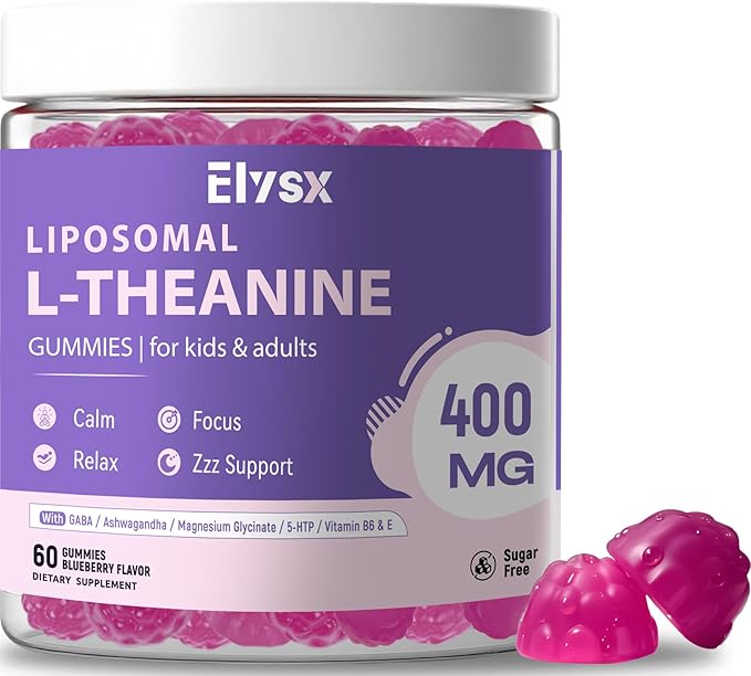 Liposomal L Theanine Gummies Chewable L-Theanine 400mg with GABA Supplement for Kids &amp Adults Stress Relief zzZ and Relaxation Focus Support Natural Blueberry Flavor 60 Count
