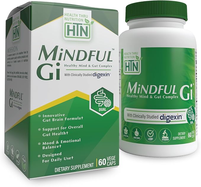 Health Thru Nutrition Mindful GI - Healthy Mind &amp Gut Complex | with Digexin Magnesium L-Glutamine and Probiotic for Gut-Brain Axis Support | Regularity Bloating Calmness Supplement