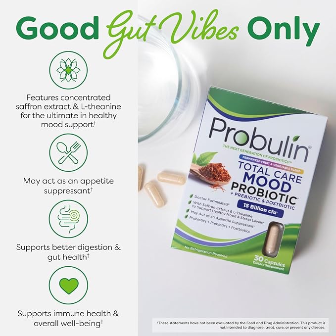 Probulin Mood Probiotics for Women with Saffron L Theanine Probiotic Prebiotic Postbiotic - Mood Support Supplement &amp Gut Support - Vegan Non GMO 30 Capsules