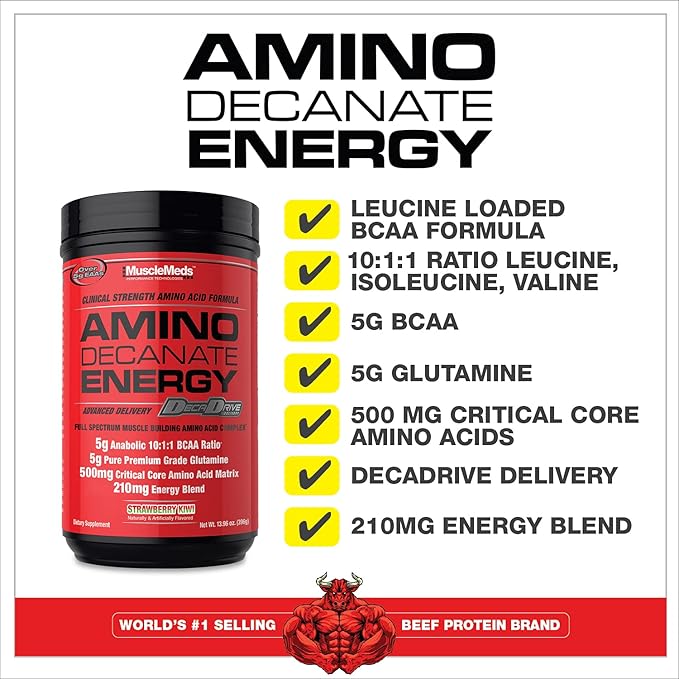 MuscleMeds Amino DECANATE Energy Pre Intra Workout Drink Essential Amino Acids BCAAs High Leucine Glutamine Muscle Recovery Strawberry Kiwi 30 Servings