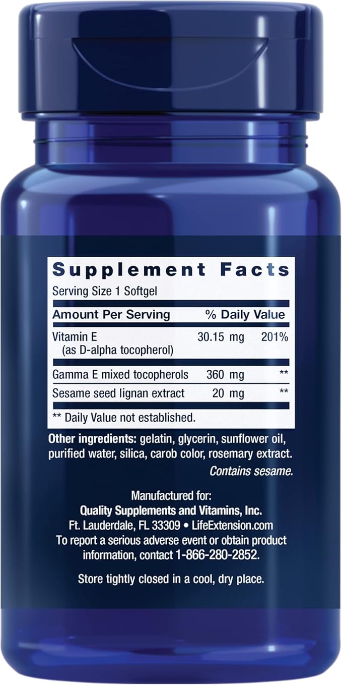 Life Extension Gamma E Mixed Tocopherols Healthy Aging Vitamin E Supplement Enhanced with Sesame lignans Gluten-Free Non-GMO 60 softgels