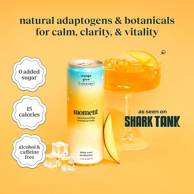 Moment Botanical Soda Soft Drink (Shark Tank) - SPARKLING Drinks | Mango Glow | L-Theanine &amp Ashwagandha for Calm &amp Clarity | 0 Added Sugar 0 Caffeine | 12-pack