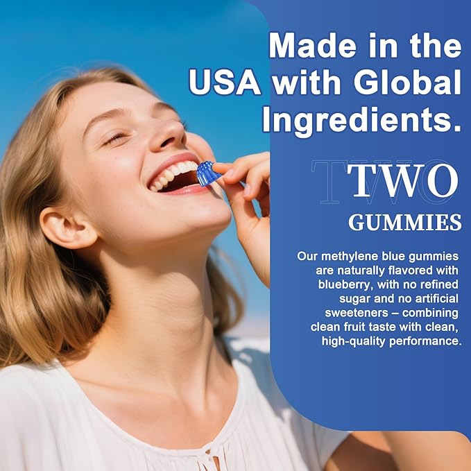 Methylene Blue Gummies for Humans | Upgraded High-Potency Antioxidant &amp Brain Booster Supplement for Cognitive Energy Cellular&amp Mitochondrial Health | Fast-Absorbing Vegan 120 Counts