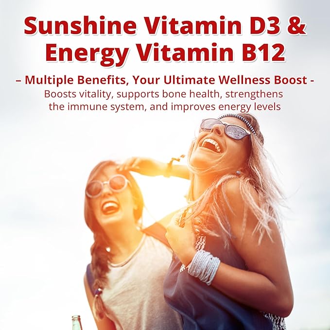 NEVISS Vegan Vitamin D3 + Vitamin B12 Gummies High Potency D3 5000IU &amp 1000 mcg Methylated B12 Vitamin D3 and B12 for Adults Support Bone Health Immune &amp Energy Supplement 60 Count