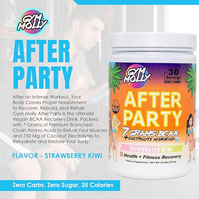 Gym Molly After Party Vegan BCAA Powder Electrolyte Powder BCAA Amino Acids After Post Workout Recovery Drink Zero Carbs Zero Sugar 35 Calories Caffeine-Free (Strawberry Kiwi)