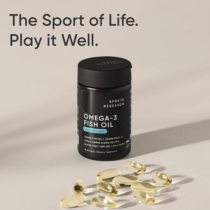 Sports Research Triple Strength Omega 3 Fish Oil 1250mg from Wild Alaska Pollock - Burpless Fish Oil Supplement with Omega3s EPA &amp DHA and Vegan Biotin 10000mcg + Coconut Oil Max Strength B7 Vita